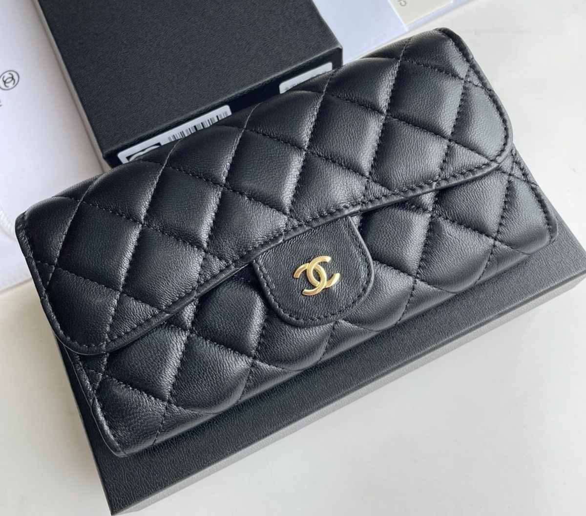 Quilted Long Flap Wallet — Black — source reference photo