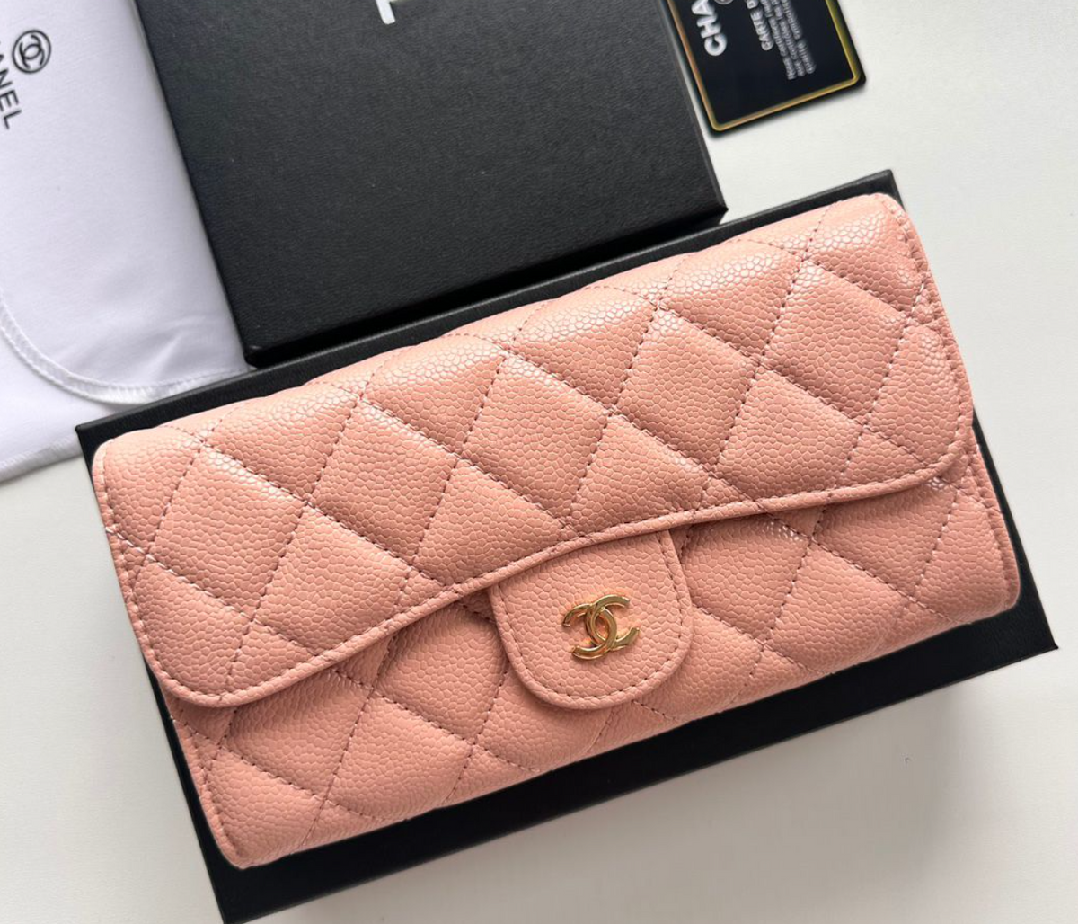Quilted Long Flap Wallet — Peach Pink — source reference photo