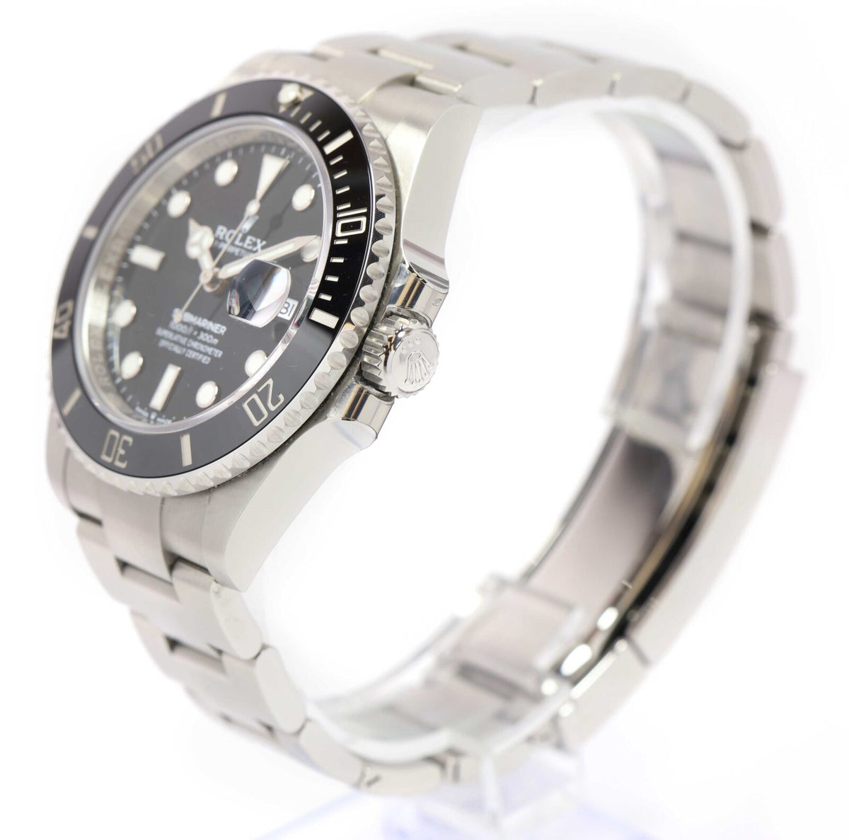 Rolex Submariner Date reference 126610LN-0001 black dial black bezel – crown-side three-quarter reference image