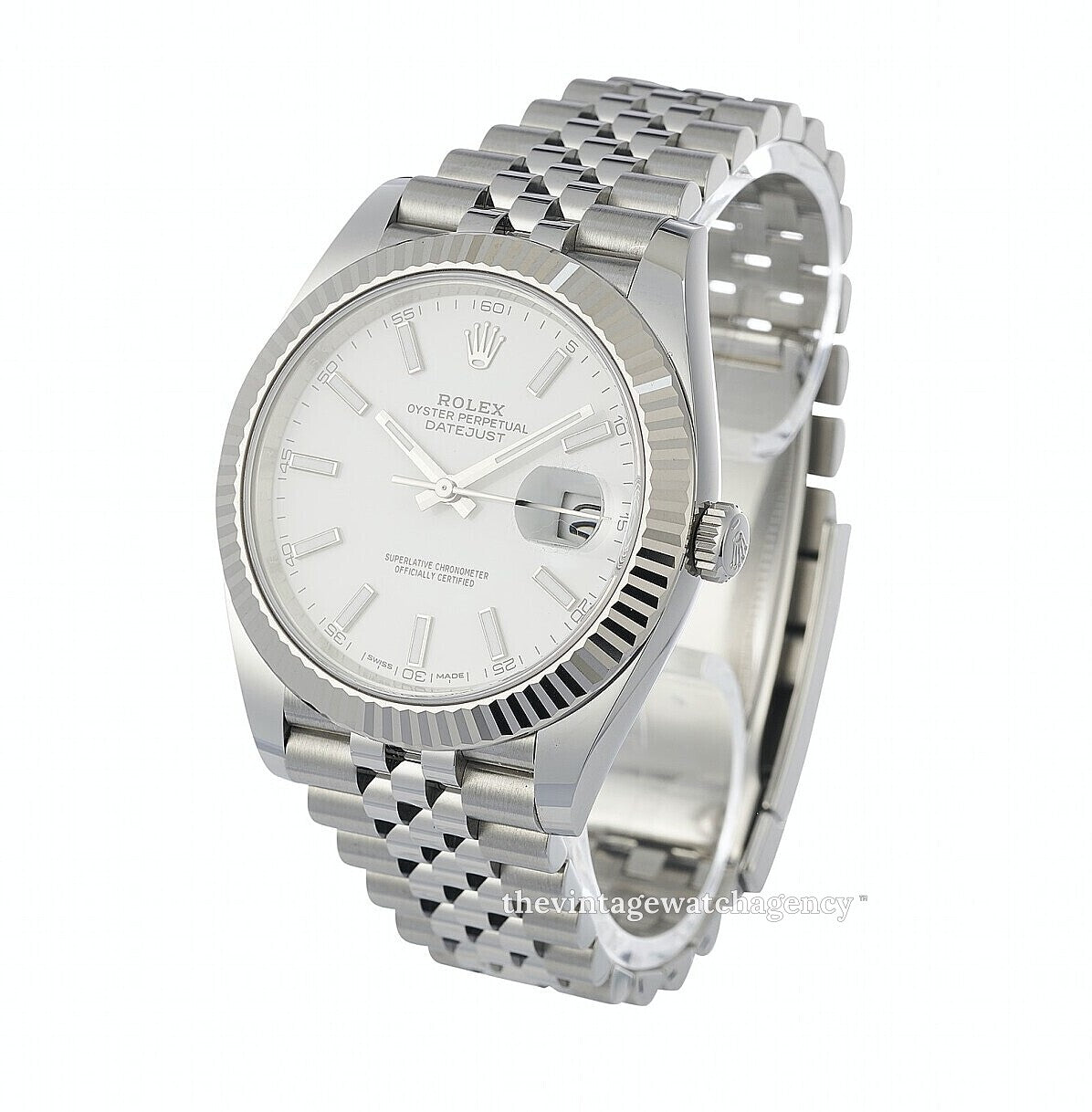 Rolex Datejust 41 reference 126334-0010 white dial – crown-side three-quarter reference image