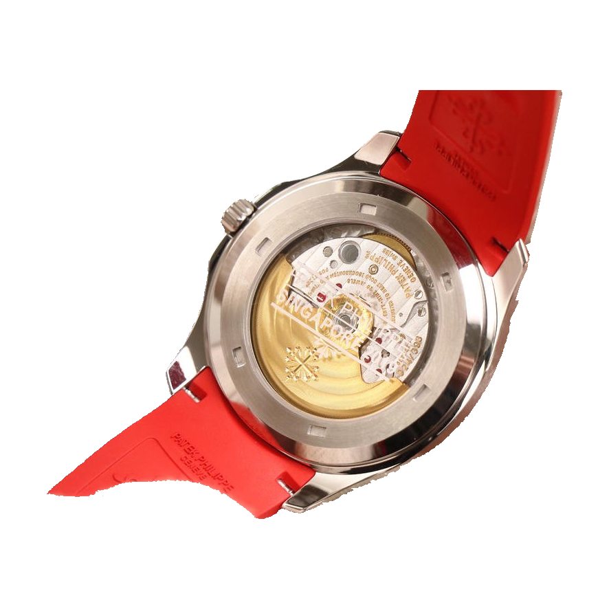 Replica Patek Philippe watch; unverified design reference; gallery 04 of 05; white square original-pixel reference, existing glove occlusion and source crop preserved without redraw; original Singapore caseback protective-film text retained