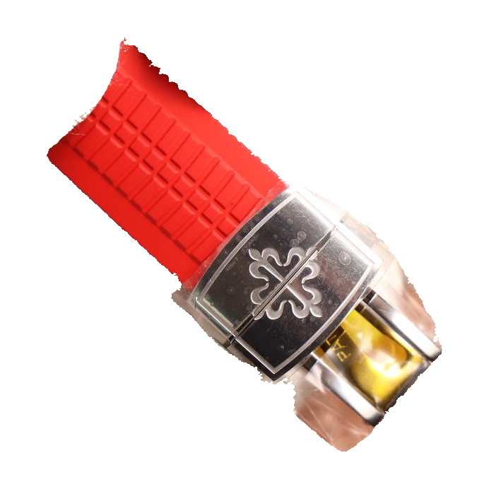 Replica Patek Philippe watch; unverified 5165A design reference; gallery 05 of 05; white square original-pixel clasp photograph, actual transparent protective film and photographed transmitted reflection preserved; hidden source portions not reconstructed