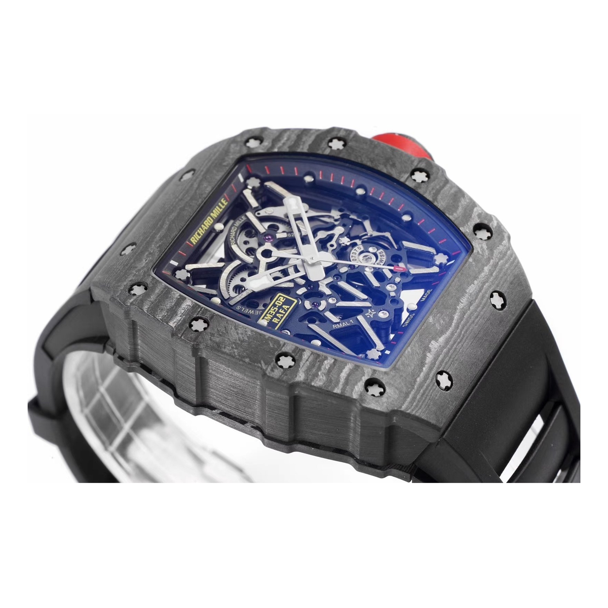 Replica Richard Mille watch; unverified RM35-02 design reference; gallery 03 of 09; original white-background photo centered on square white canvas; photographed transparent display support retained as prop where present