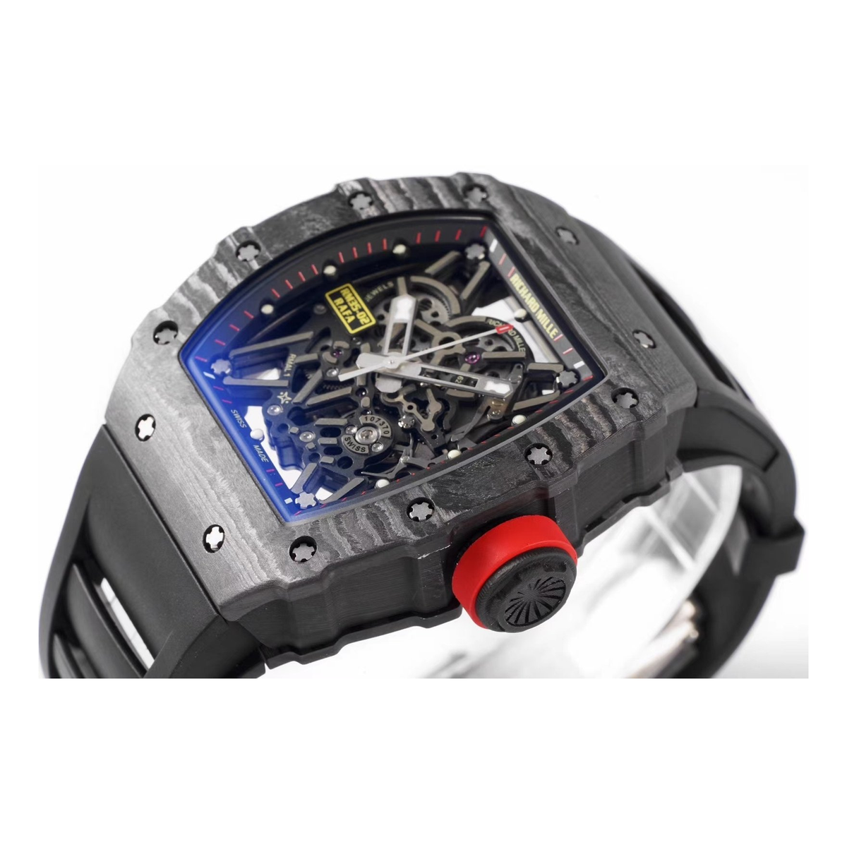 Replica Richard Mille watch; unverified RM35-02 design reference; gallery 05 of 09; original white-background photo centered on square white canvas; photographed transparent display support retained as prop where present
