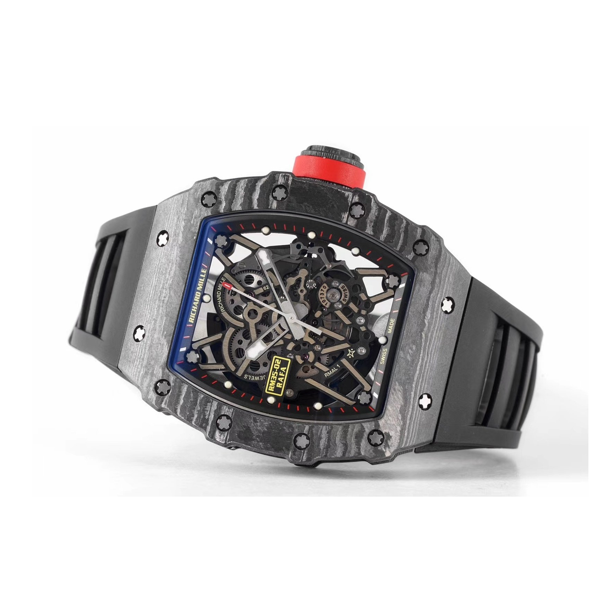 Replica Richard Mille watch; unverified RM35-02 design reference; gallery 06 of 09; original white-background photo centered on square white canvas; photographed transparent display support retained as prop where present