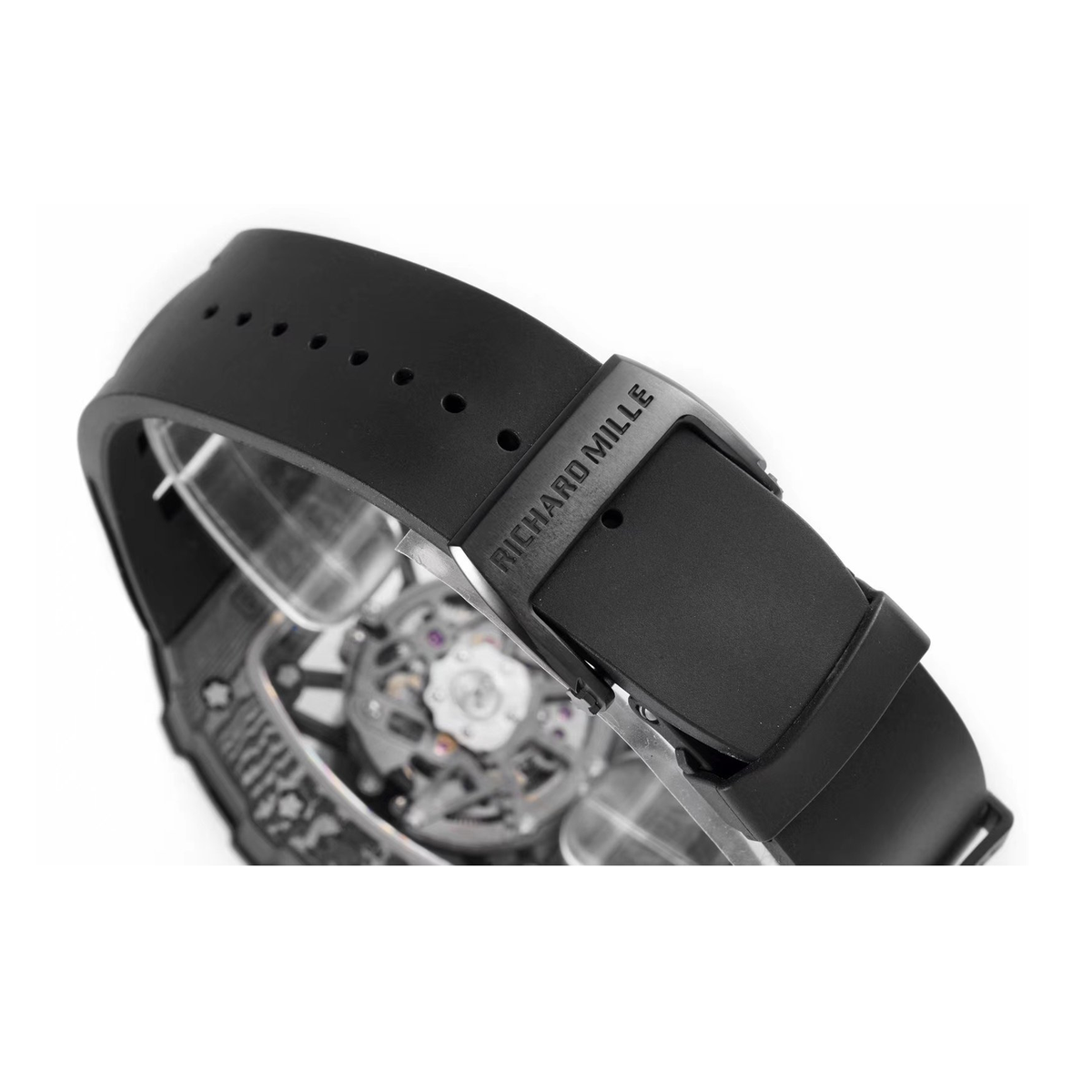 Replica Richard Mille watch; unverified RM35-02 design reference; gallery 07 of 09; original white-background photo centered on square white canvas; photographed transparent display support retained as prop where present