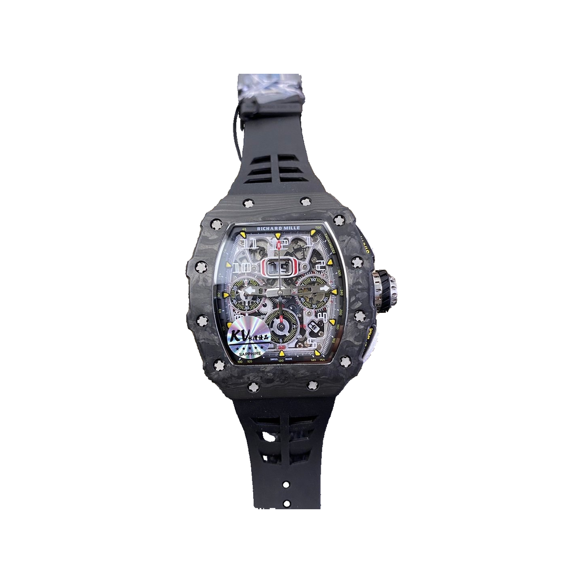 Replica Richard Mille watch; unverified RM11 design reference; gallery 01 of 04; white square original-pixel photo preserving visible dark cord beside clasp, KV sticker, protective film and source crop; blurred attachment identity and fine boundary pending review