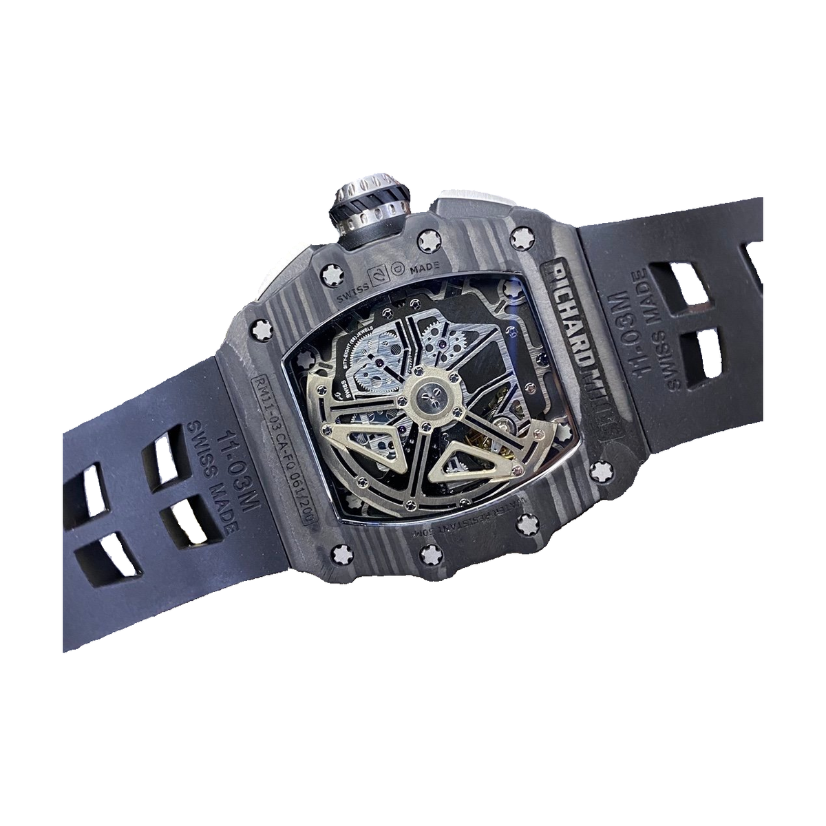 Replica Richard Mille watch; unverified RM11 design reference; gallery 02 of 04; white square photograph preserving original engraved details, dial sticker and existing source crop; no redraw