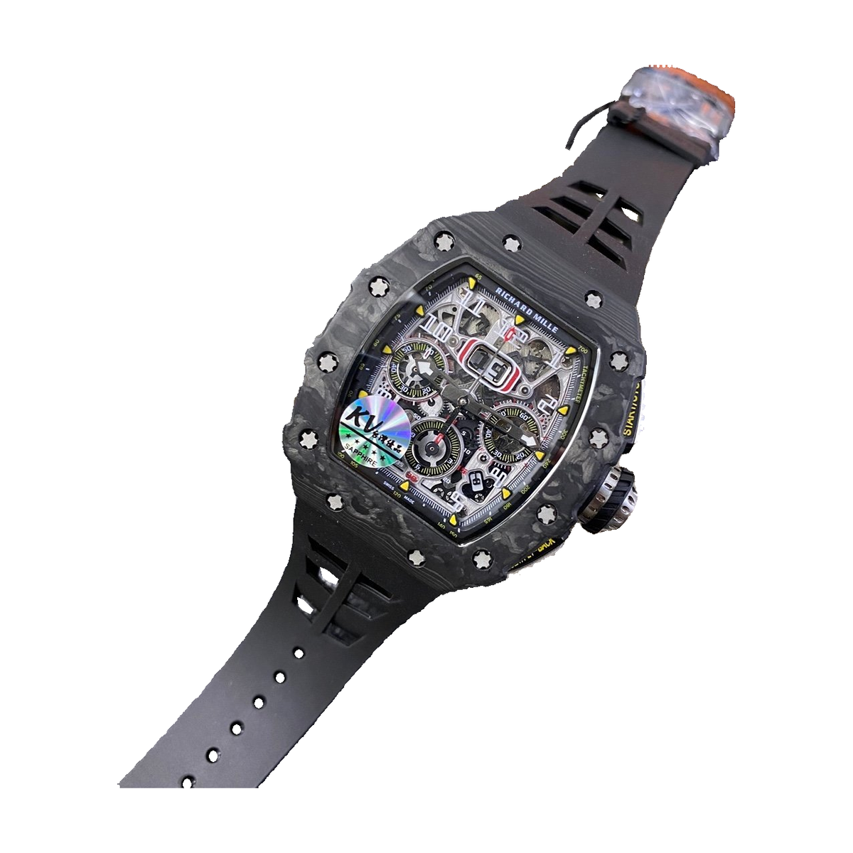 Replica Richard Mille watch; unverified RM11 design reference; gallery 03 of 04; white square original-pixel photo preserving visible dark cord beside clasp, KV sticker, protective film and source crop; blurred attachment identity and fine boundary pending review