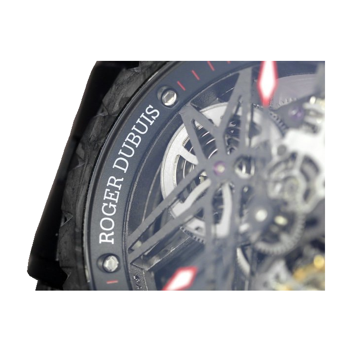 Replica Roger Dubuis watch; unverified RD505SQ design reference; gallery 07 of 10; white square original-pixel macro photograph, actual source engraving, blur and crop preserved without redraw