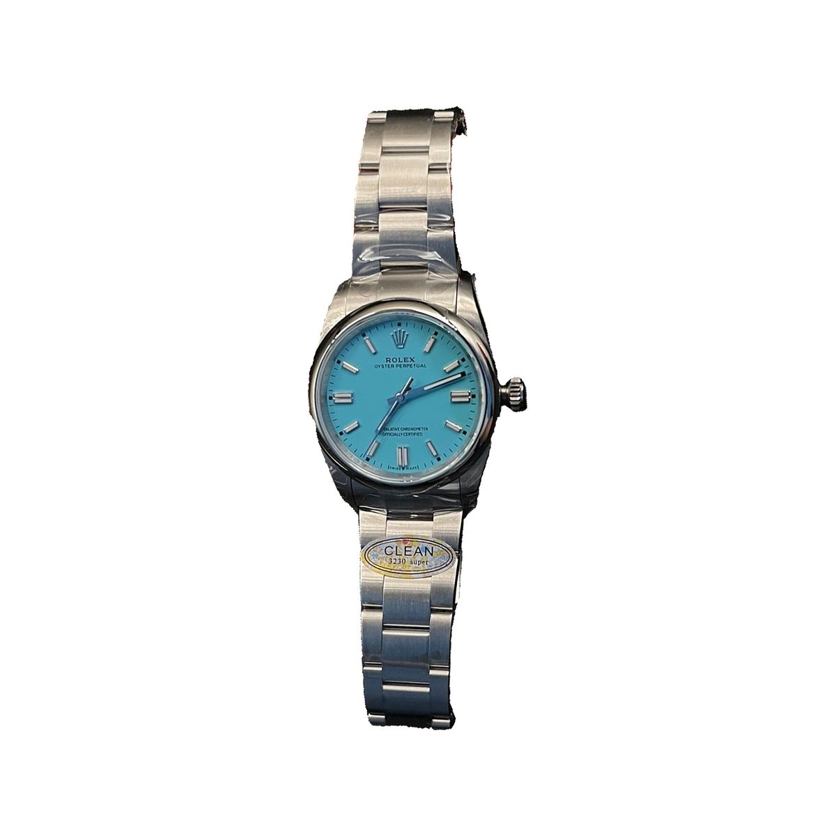 Replica Rolex watch; unverified 124300 design reference; gallery 01 of 04; white centered square; photographed dial and lettering preserved