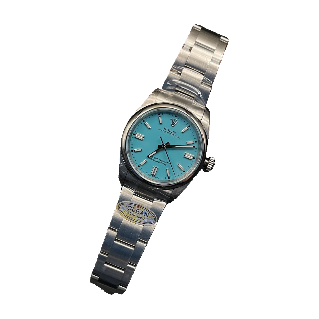 Replica Rolex watch; unverified 124300 design reference; gallery 02 of 04; white centered square; photographed dial and lettering preserved