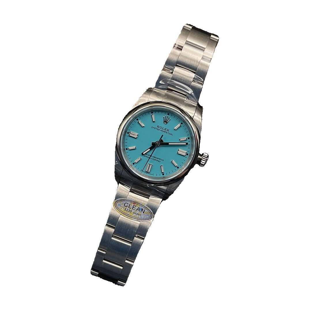 Replica Rolex watch; unverified 124300 design reference; gallery 03 of 04; white centered square; photographed dial and lettering preserved