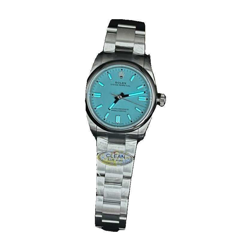 Replica Rolex watch; unverified 124300 design reference; gallery 04 of 04; white centered square; photographed dial and lettering preserved