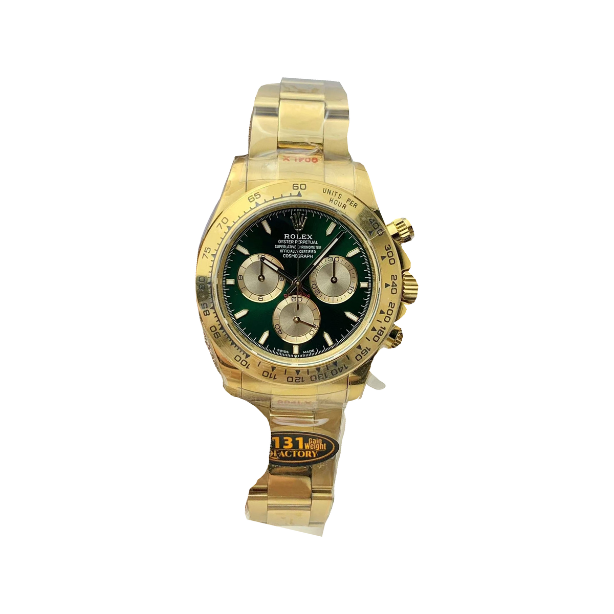Replica Rolex watch; unverified 126508-0008 design reference; gallery 01 of 05; original-pixel white square reference; actual lower-right gold-tone lug face and transparent protective-film tab retained, photographed factory/weight sticker not verified, original glove occlusion preserved