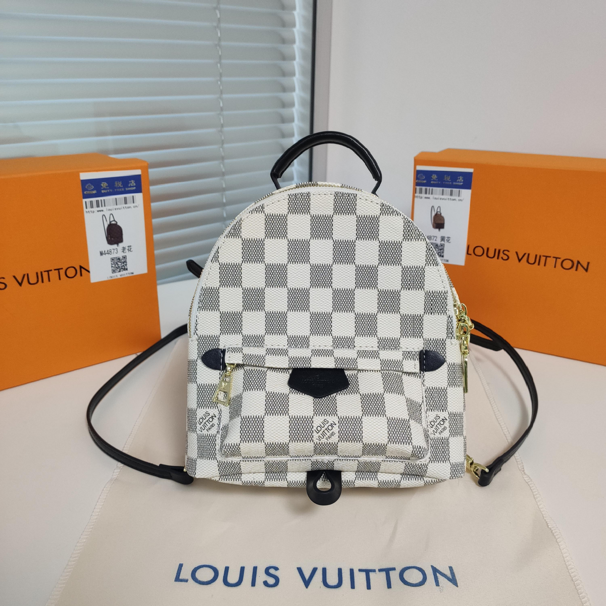 Checkered Mini Backpack in White / Gray / Black, supplier source view, full product reference view