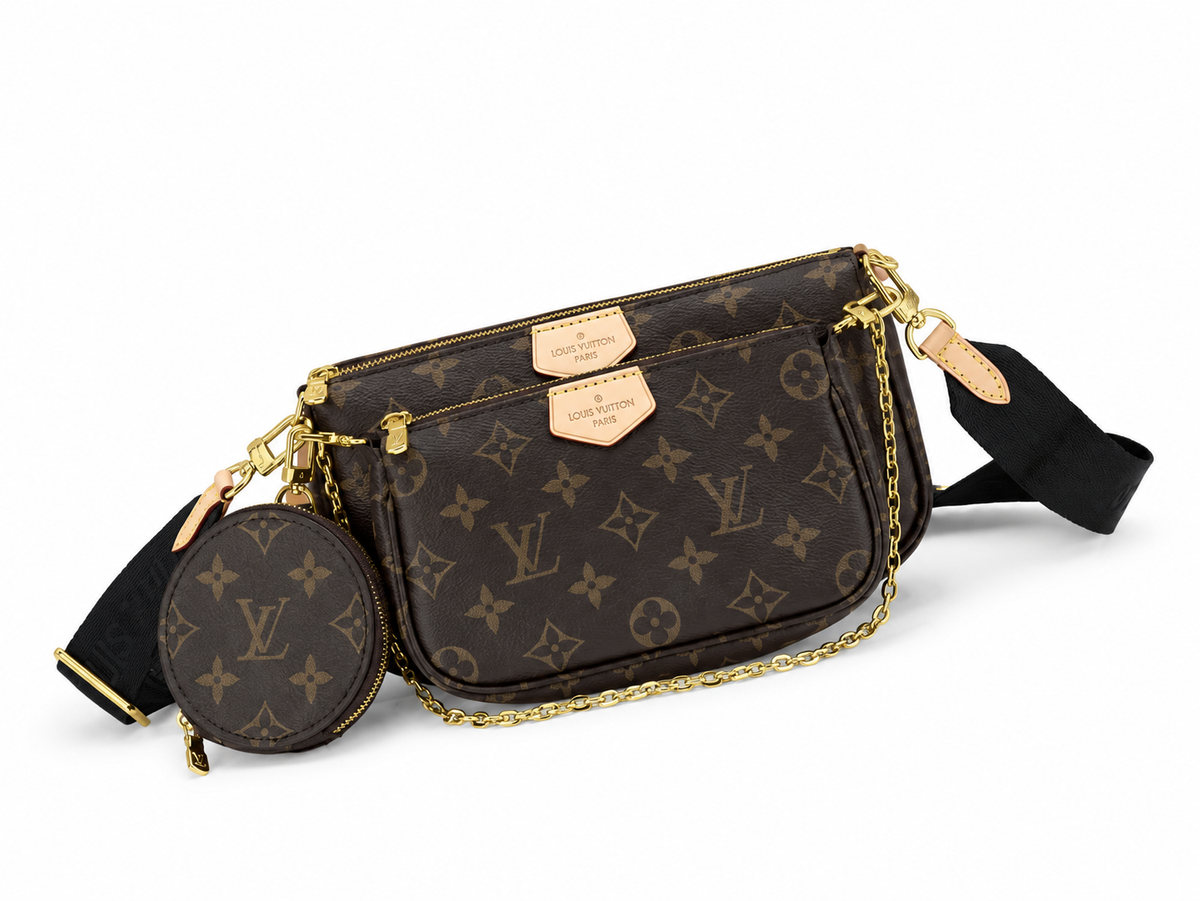 Multi Pochette Accessoires in Monogram/Black Strap, front three-quarter, full product reference view