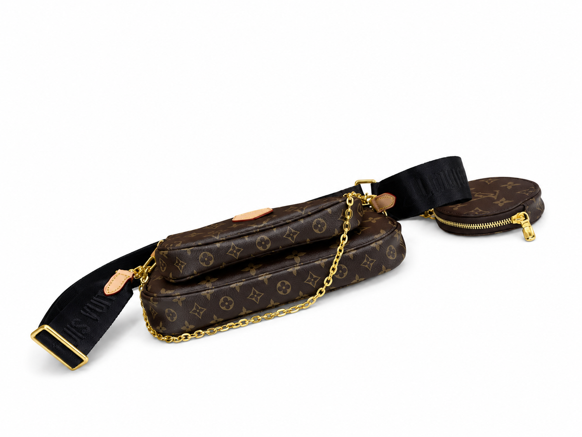 Multi Pochette Accessoires in Monogram/Black Strap, top three-quarter, full product reference view