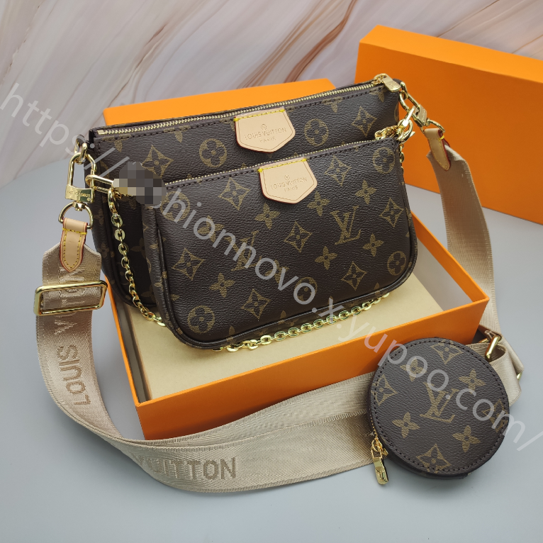 Monogram Multi-Pouch Crossbody Bag in Brown / Beige Strap, supplier source view, full product reference view