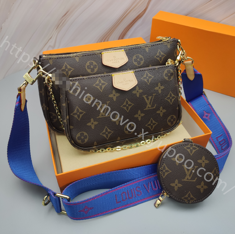 Monogram Multi-Pouch Crossbody Bag in Brown / Blue Strap with Pink Lettering, supplier source view, full product reference view