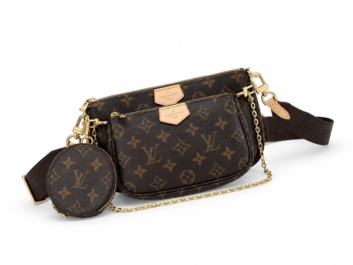 Multi Pochette Accessoires in Monogram/Brown Strap, front three-quarter, full product reference view