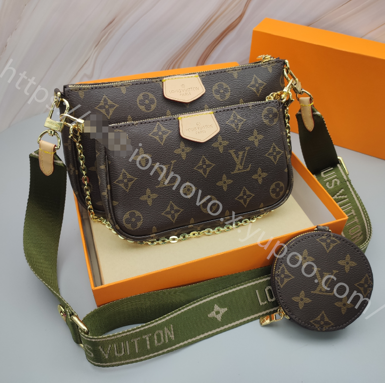Monogram Multi-Pouch Crossbody Bag in Brown / Olive Green Strap, supplier source view, full product reference view