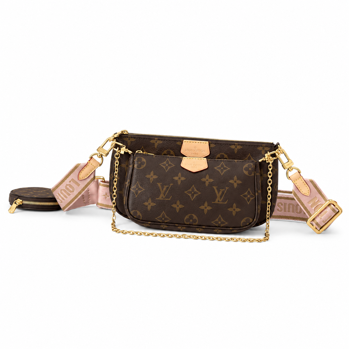 Multi Pochette Accessoires in Monogram/Pink Strap, front with strap laid behind, full product reference view