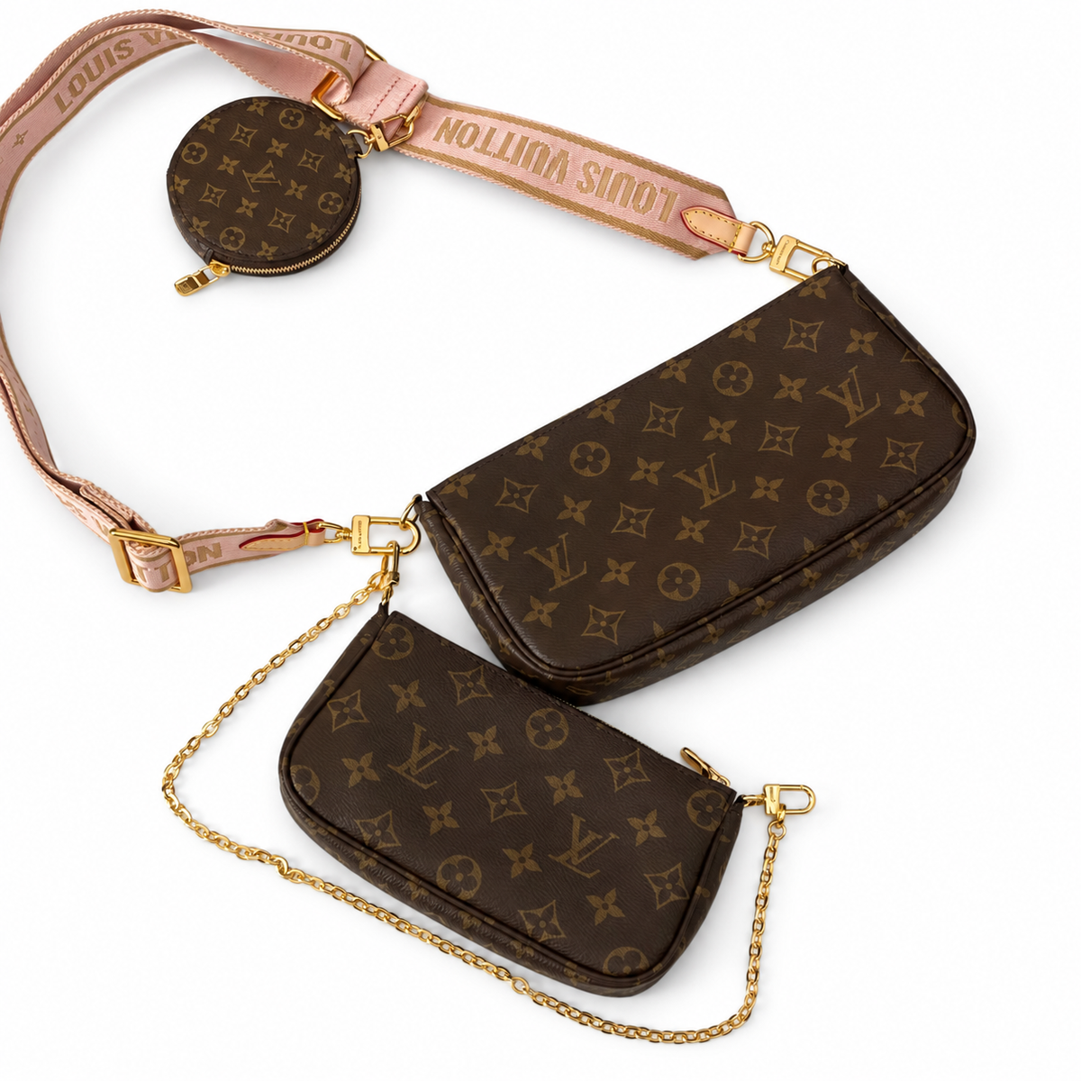 Multi Pochette Accessoires in Monogram/Pink Strap, overhead reverse side with three pouches laid out, full product reference view