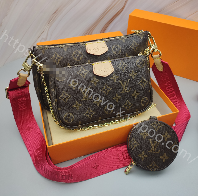 Monogram Multi-Pouch Crossbody Bag in Brown / Red Strap, supplier source view, full product reference view