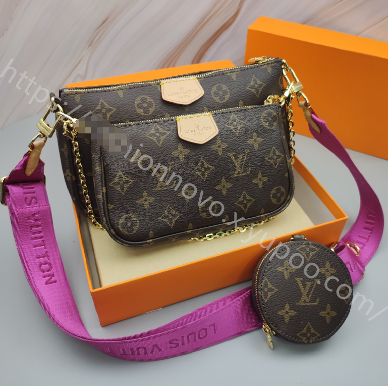 Monogram Multi-Pouch Crossbody Bag in Brown / Magenta Strap, supplier source view, full product reference view