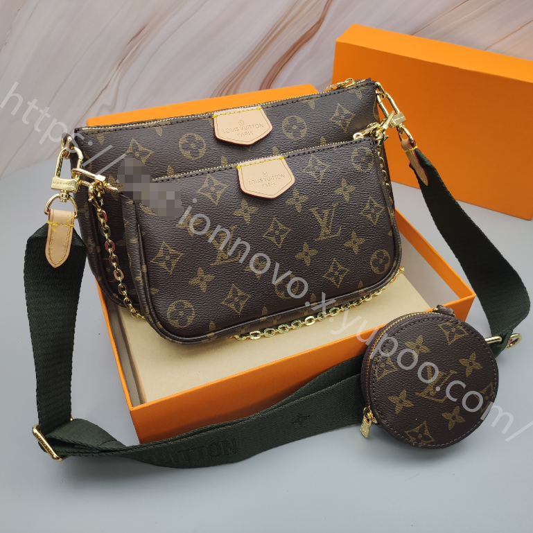 Monogram Multi-Pouch Crossbody Bag in Brown / Dark Green Strap, supplier source view, full product reference view
