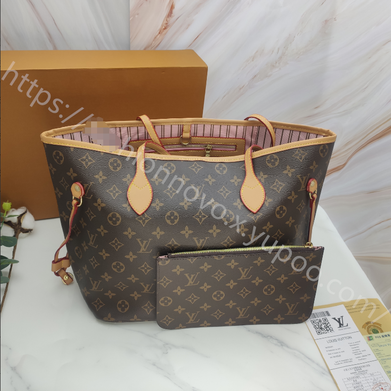 Monogram Tote Bag with Pouch in Brown / Tan with Pink Striped Interior, supplier source view, full product reference view
