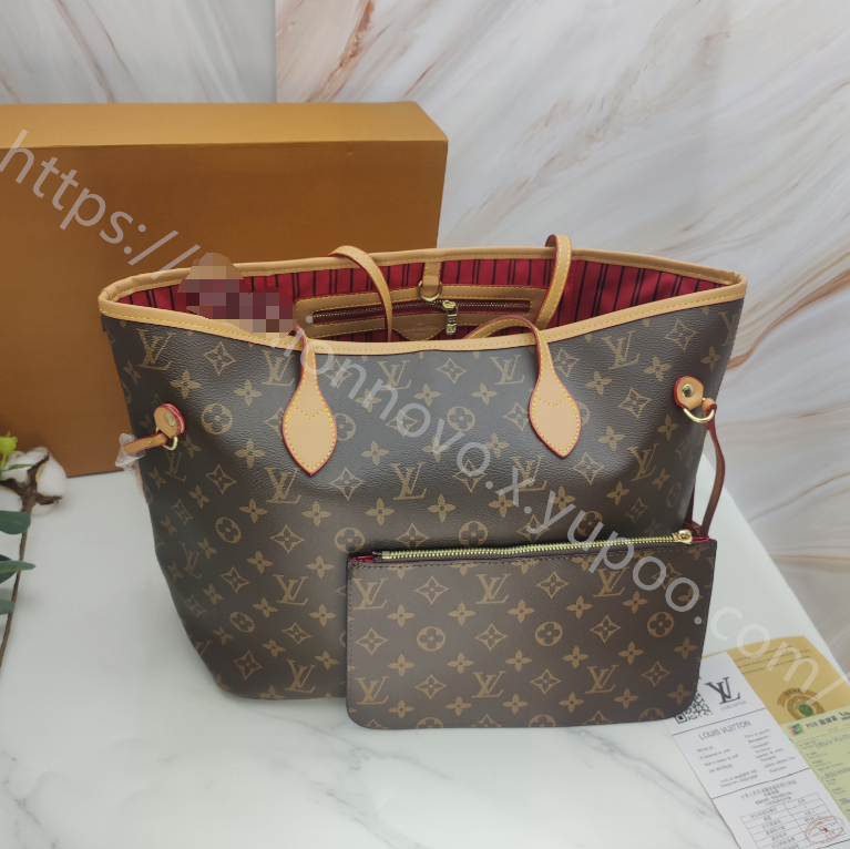 Monogram Tote Bag with Pouch in Brown / Tan with Red Striped Interior, supplier source view, full product reference view