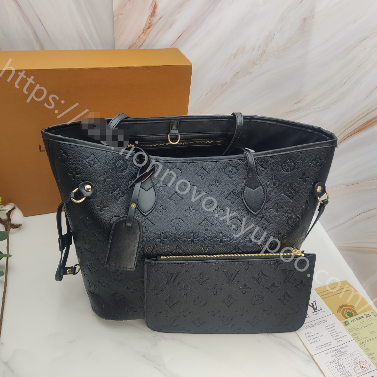 Small Embossed Monogram Tote Bag with Pouch in Black, supplier source view, full product reference view