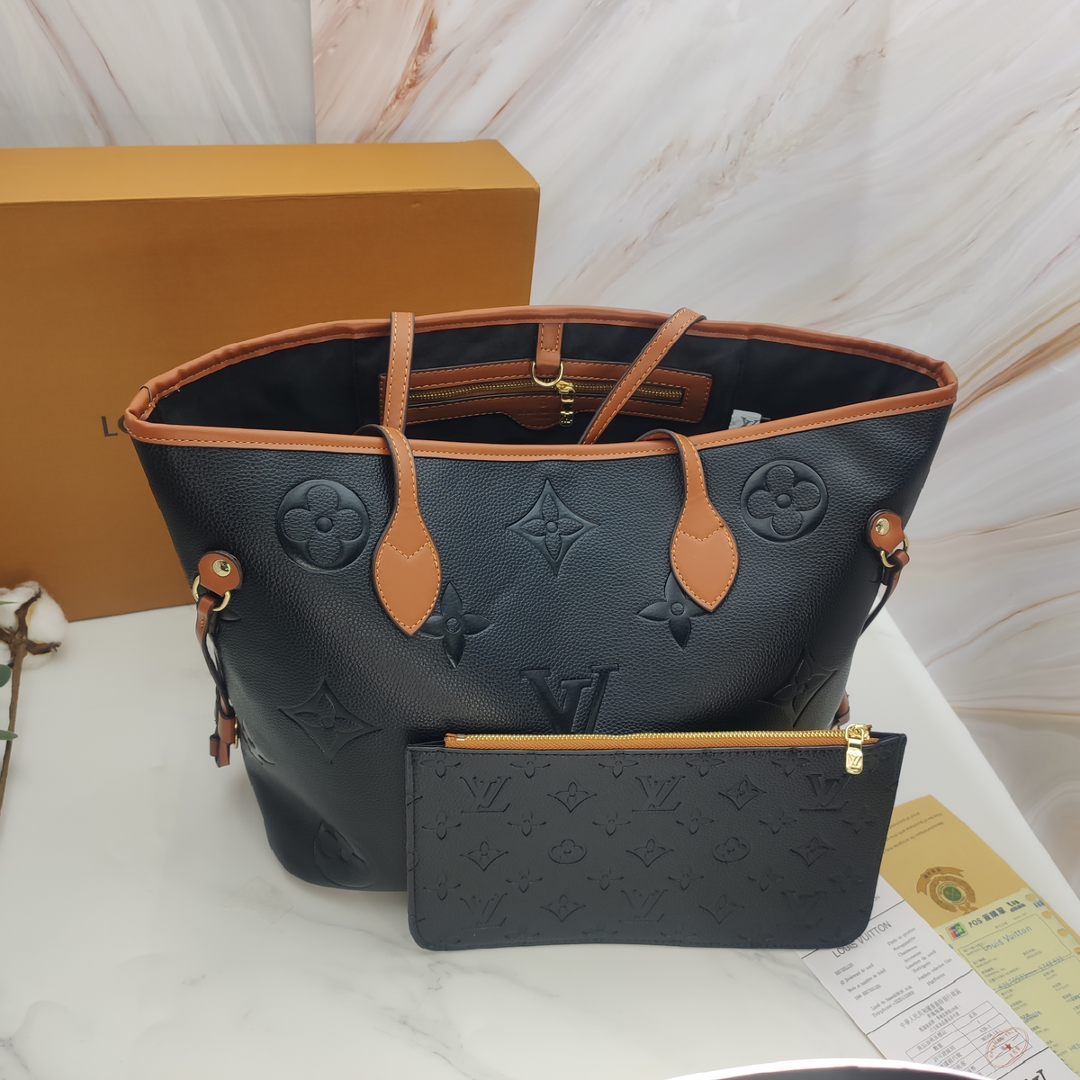 Large Embossed Monogram Tote Bag with Pouch in Black / Cognac Brown, supplier source view, full product reference view