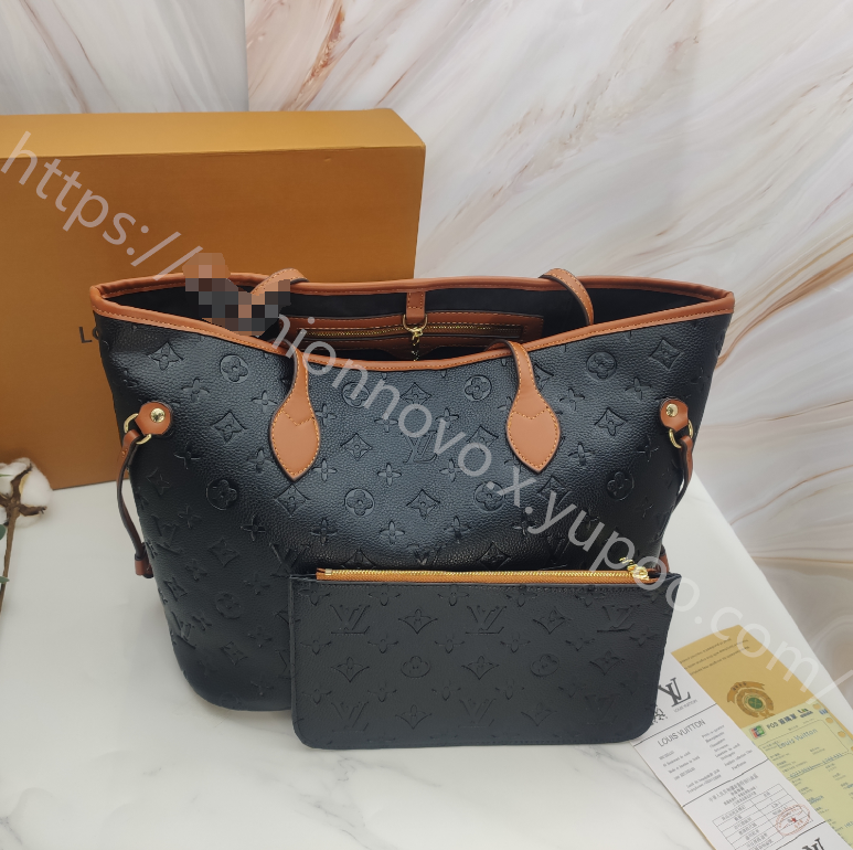 Small Embossed Monogram Tote Bag with Pouch in Black / Cognac Brown, supplier source view, full product reference view