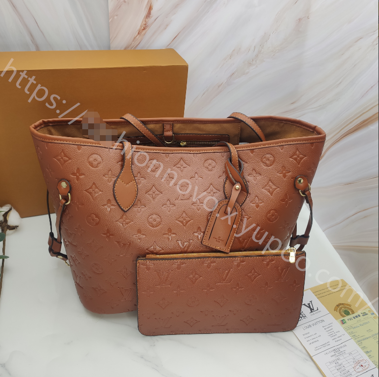 Small Embossed Monogram Tote Bag with Pouch in Cognac Brown, supplier source view, full product reference view