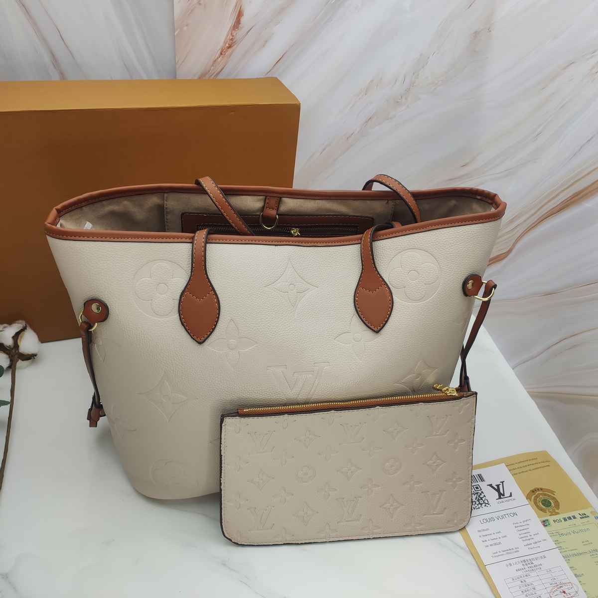 Large Embossed Monogram Tote Bag with Pouch in Khaki Cream / Cognac Brown, supplier source view, full product reference view