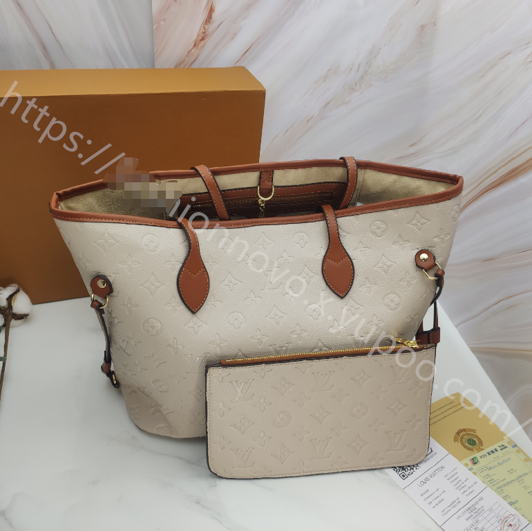 Small Embossed Monogram Tote Bag with Pouch in Khaki Cream / Cognac Brown, supplier source view, full product reference view