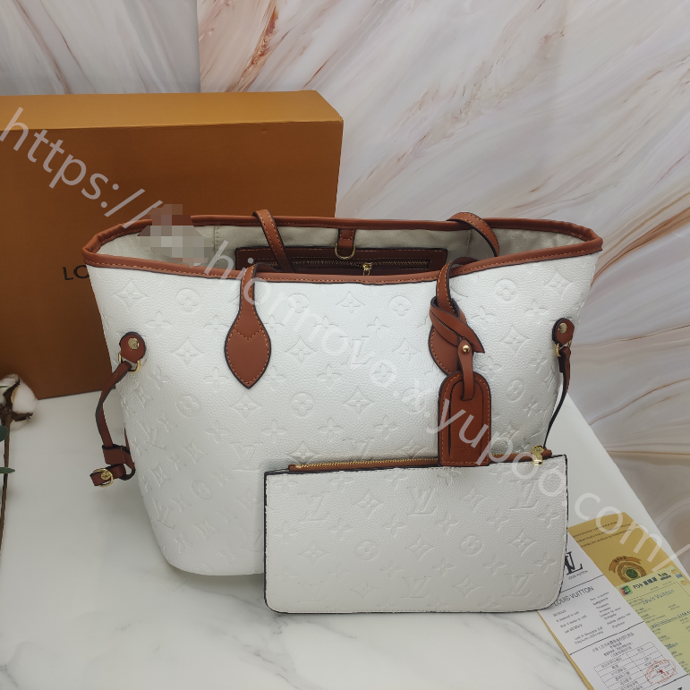 Small Embossed Monogram Tote Bag with Pouch in White / Cognac Brown, supplier source view, full product reference view