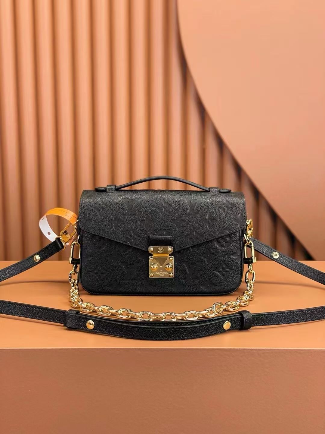 Embossed Monogram Horizontal Top Handle Crossbody Bag with Chain in Black, supplier source view, full product reference view
