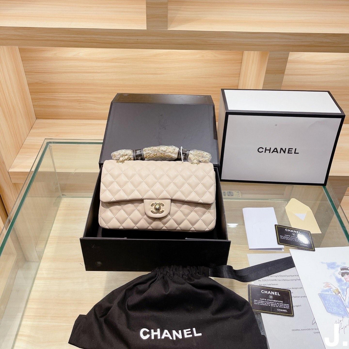 Diamond Quilted Chain Flap Shoulder Bag in Cream Beige, supplier source view