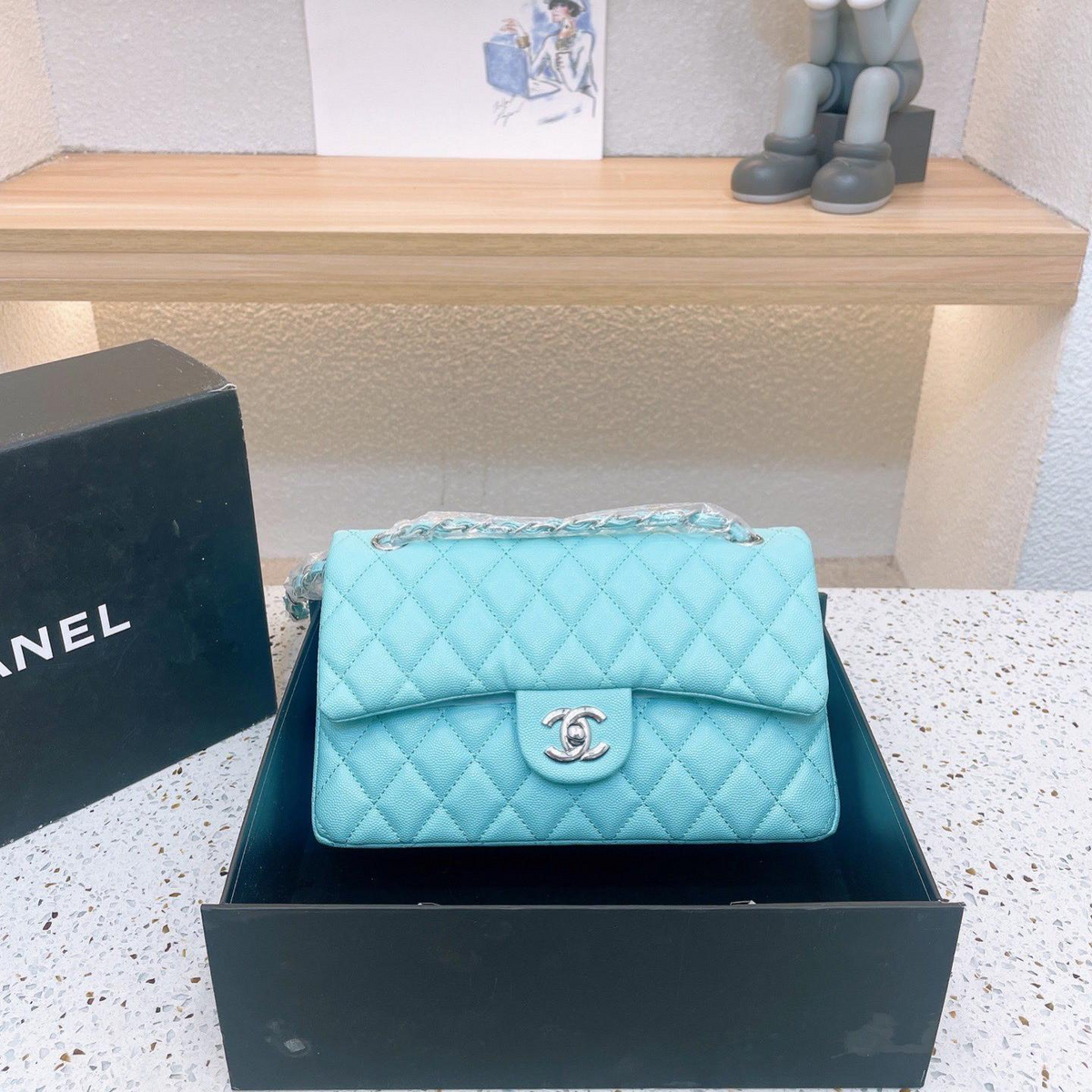 Grained Diamond Quilted Chain Flap Shoulder Bag in Light Turquoise / Mint, supplier source view