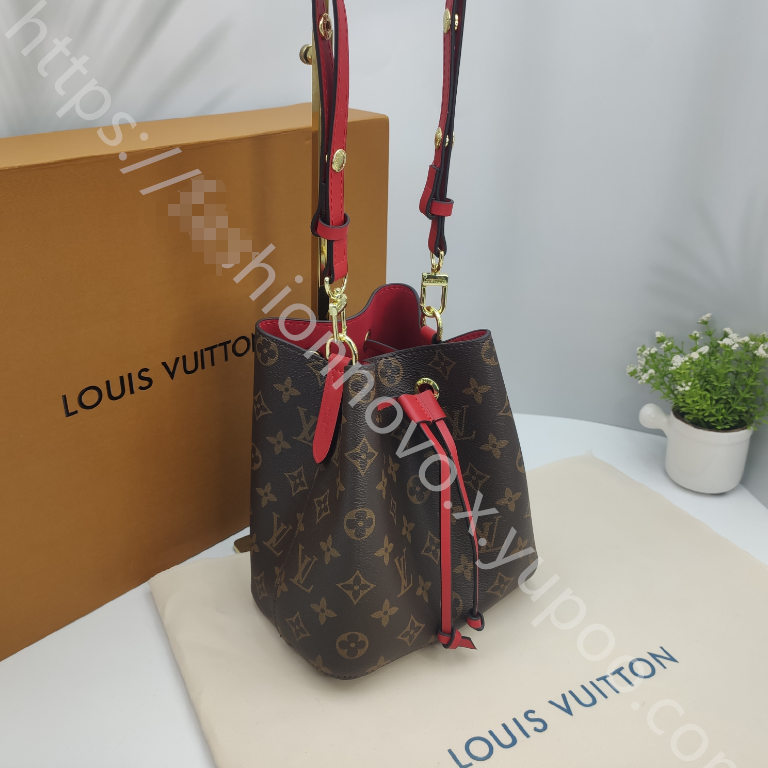 Monogram Drawstring Bucket Bag in Brown / Red with Red Interior, supplier source view