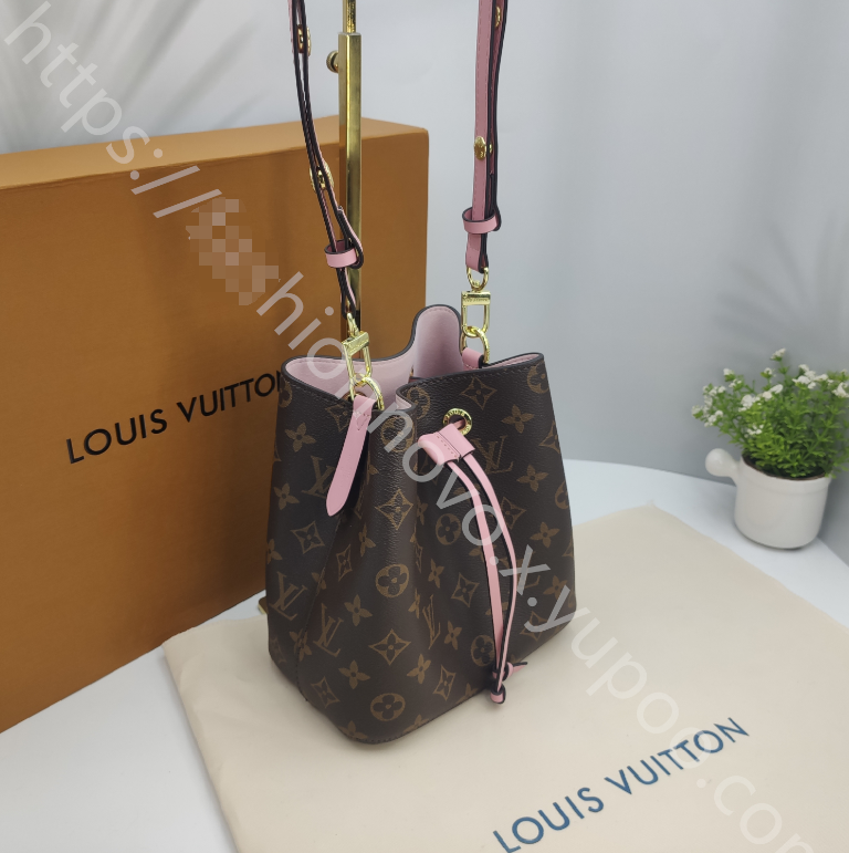 Monogram Drawstring Bucket Bag in Brown / Pink with Pink Interior, supplier source view