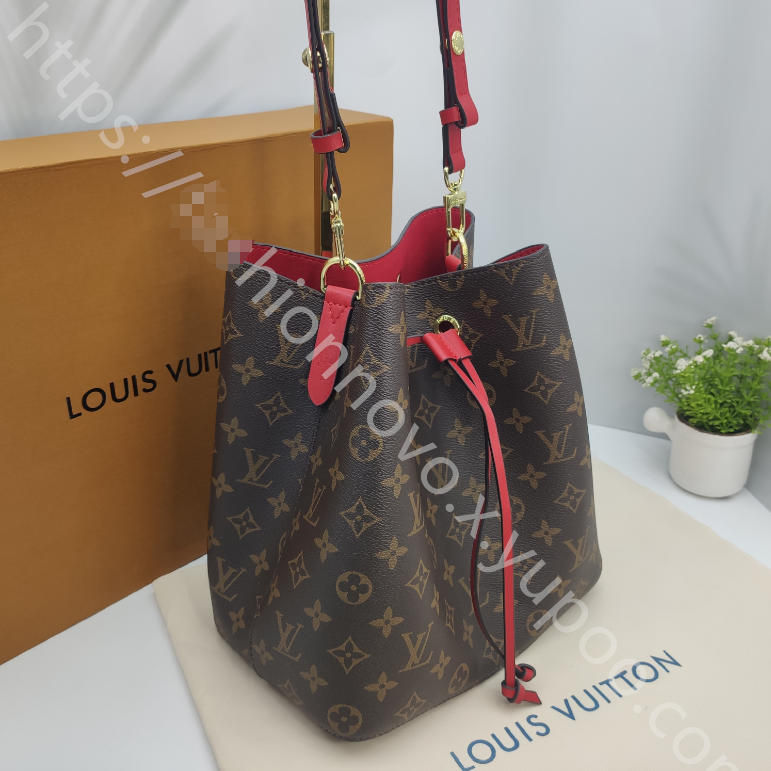 Monogram Drawstring Bucket Bag in Brown / Red with Red Interior, supplier source view