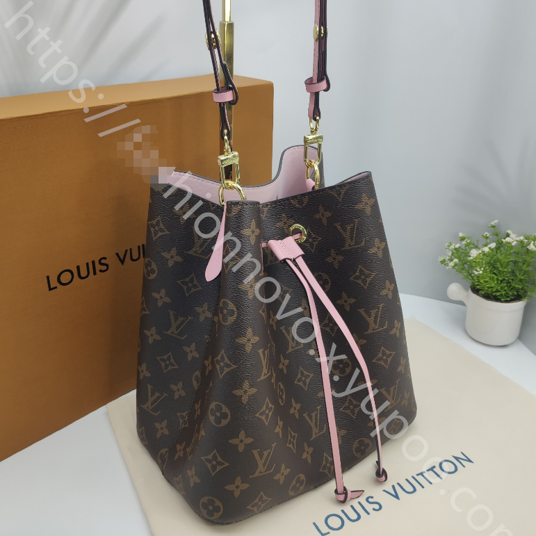 Monogram Drawstring Bucket Bag in Brown / Pink with Pink Interior, supplier source view