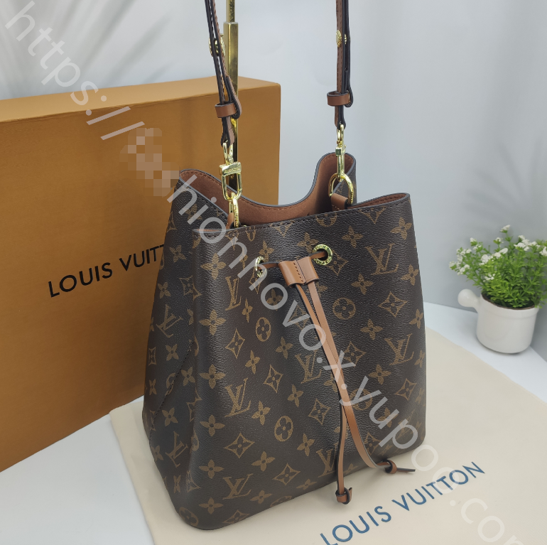 Monogram Drawstring Bucket Bag in Brown / Tan with Brown Interior, supplier source view