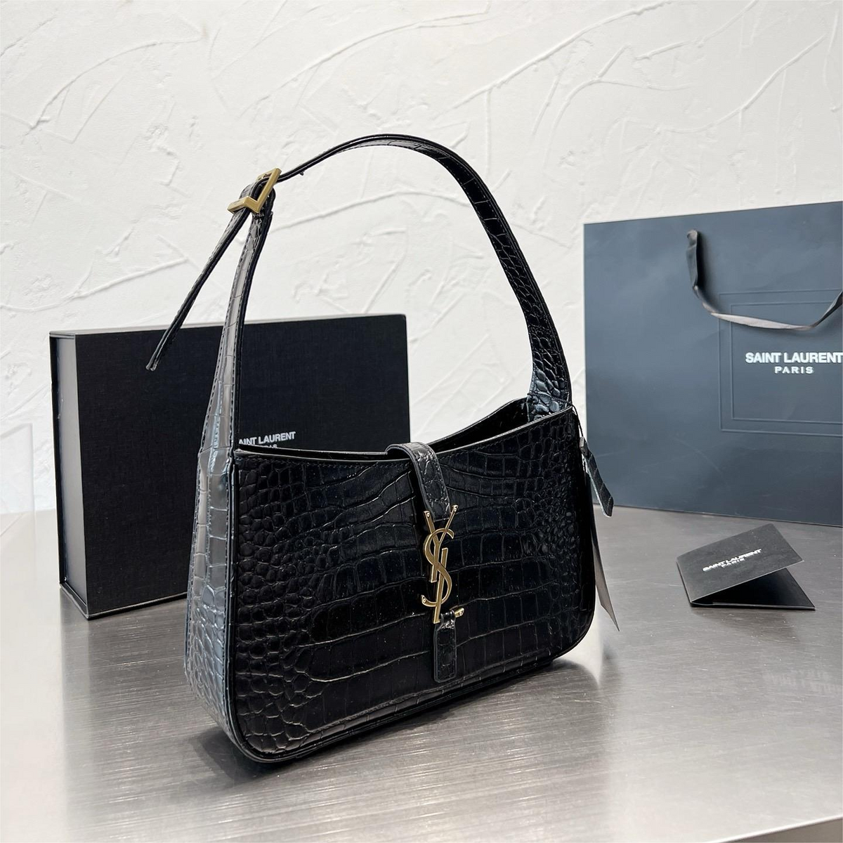 Crocodile Pattern Monogram Single Strap Shoulder Bag in Black, supplier source view