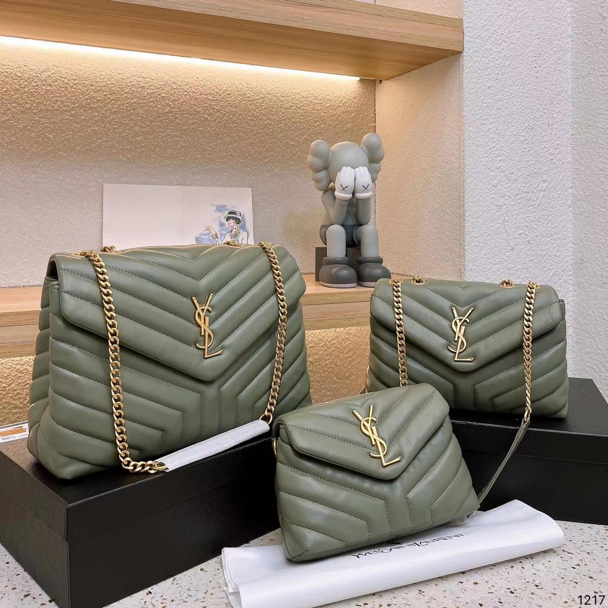 Chevron Quilted Monogram Flap Bag in Muted Sage Green, supplier source view
